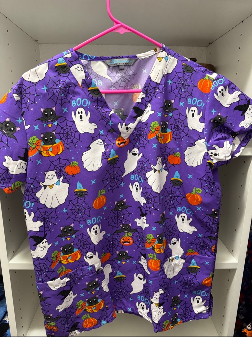 Halloween Ghost Print Scrub Top - Purple